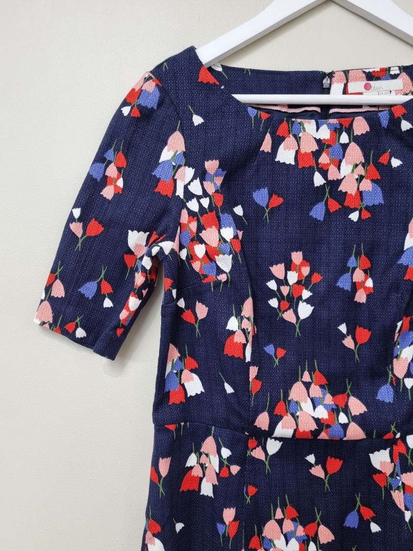 Boden Navy Mix Fleur Fitted Dress - Size 10
