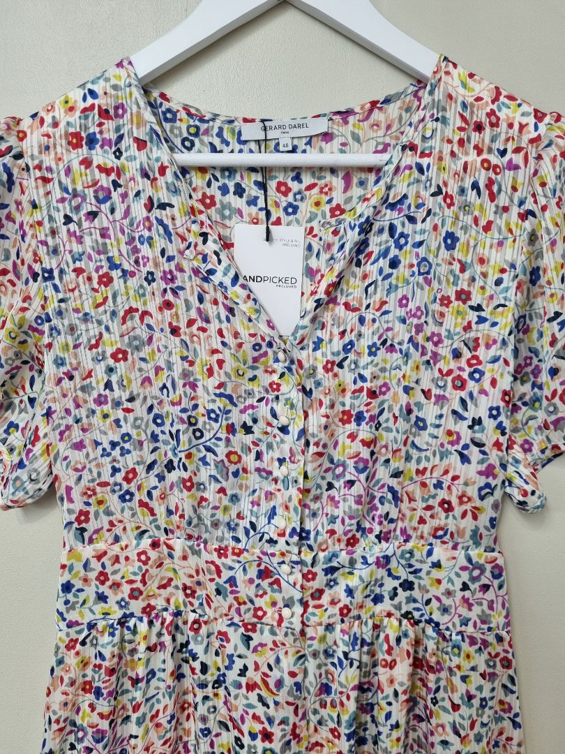 Gerard Darel White Multi Ditsy Tea Dress - Size 18