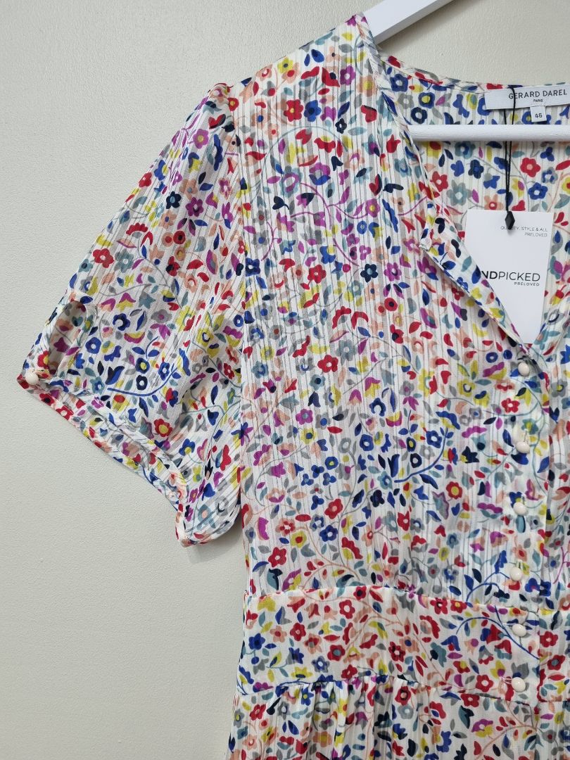 Gerard Darel White Multi Ditsy Tea Dress - Size 18