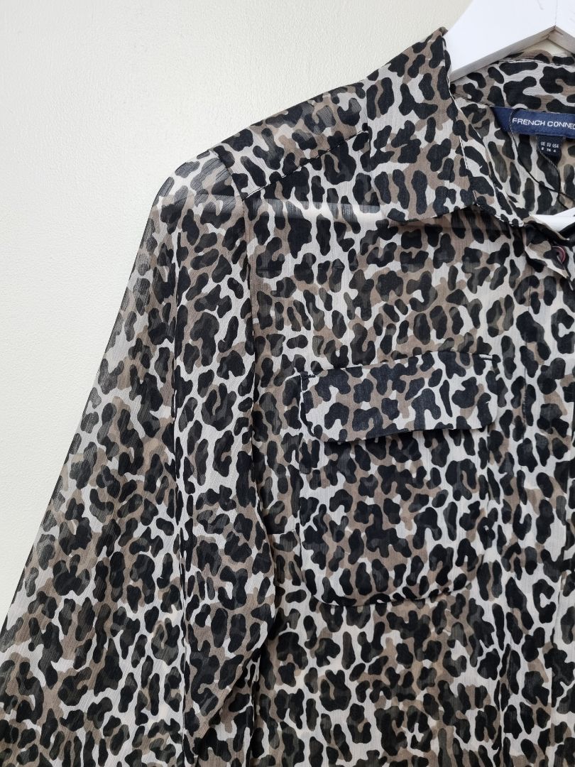 French Connection Black White Brown Animal Print Shirt - Size 8