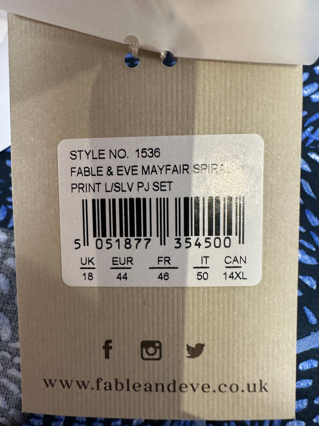 Fable & Eve Blue Mayfair Spiral Pyjama Set - Size 18