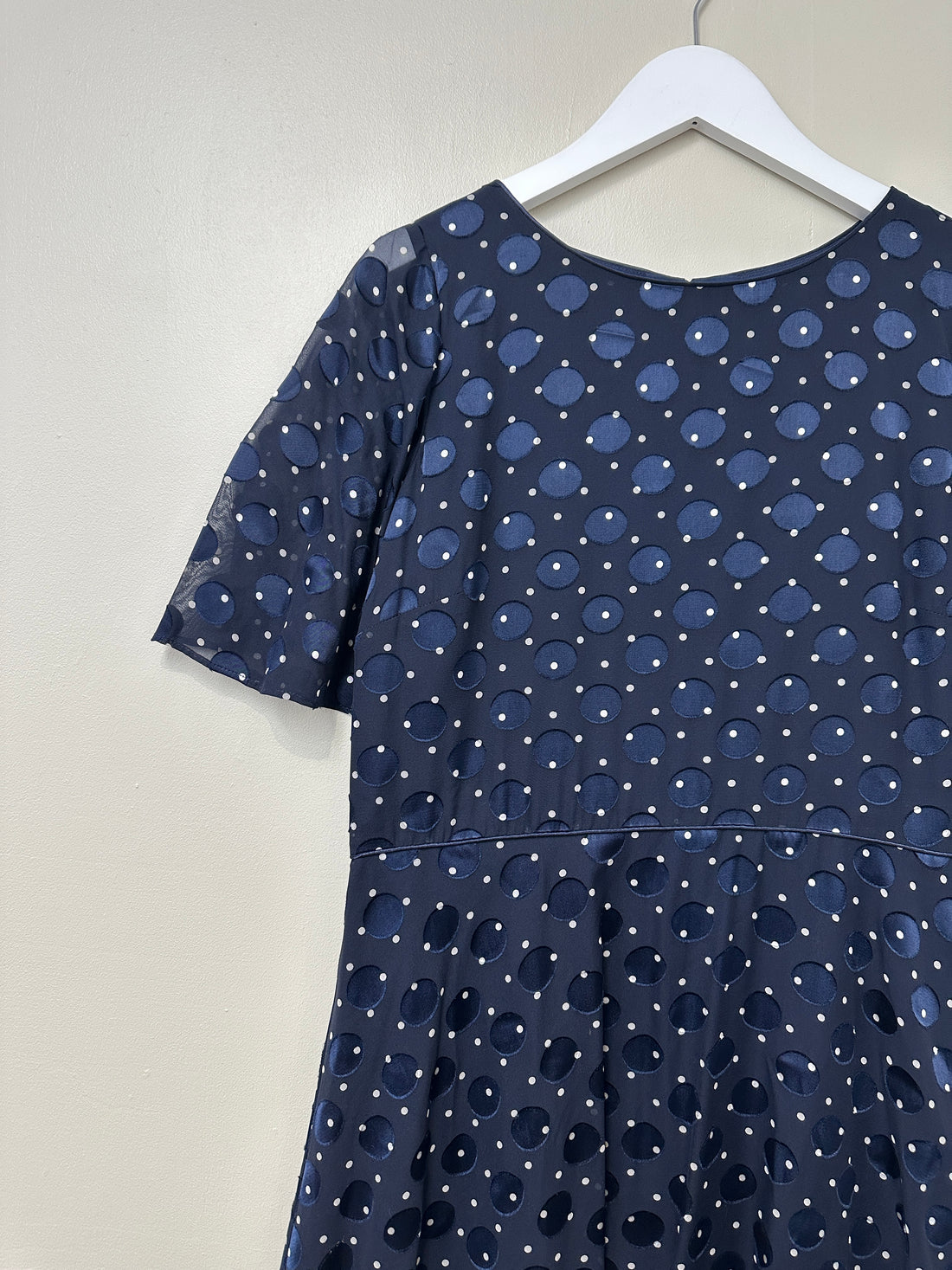 Hobbs Navy Blue Ceira Spot Fit & Flare Dress - Size 12 Petite