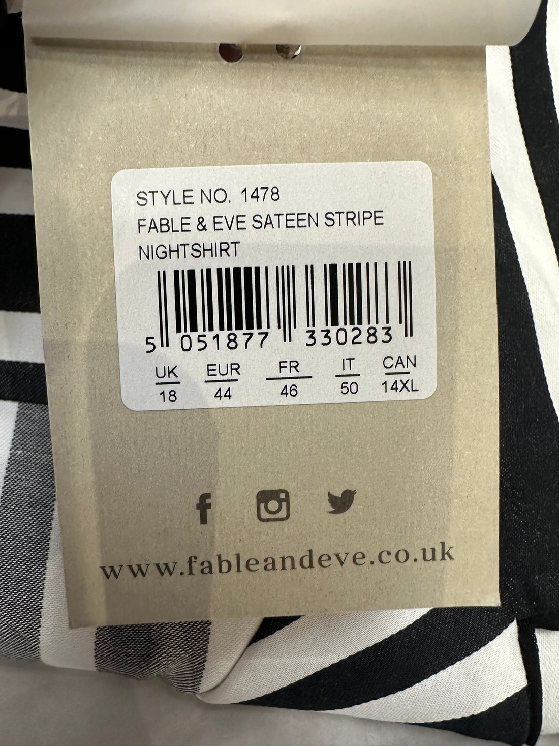 Fable & Eve Black White Sateen Stripe Nightshirt - Size 18