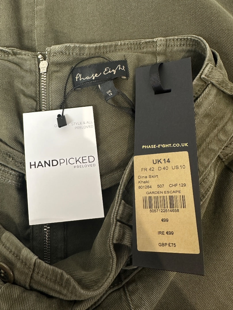 Phase Eight Khaki Green Midi Denim Skirt - Size 14