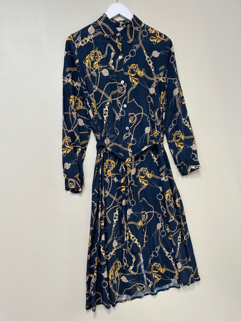Bellambra Blue Gold Chain Print Shirt Midi Dress - Size S