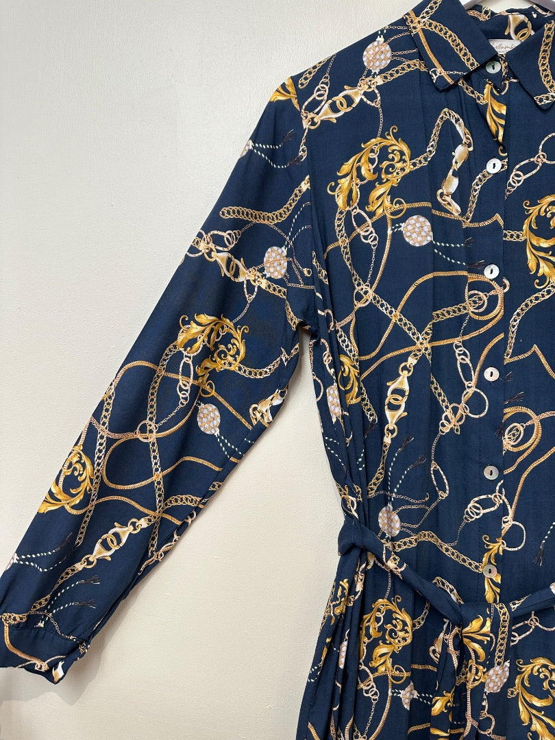 Bellambra Blue Gold Chain Print Shirt Midi Dress - Size S