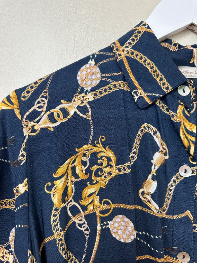 Bellambra Blue Gold Chain Print Shirt Midi Dress - Size S