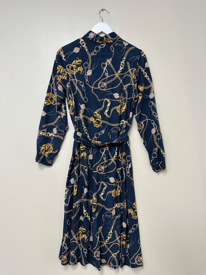 Bellambra Blue Gold Chain Print Shirt Midi Dress - Size S