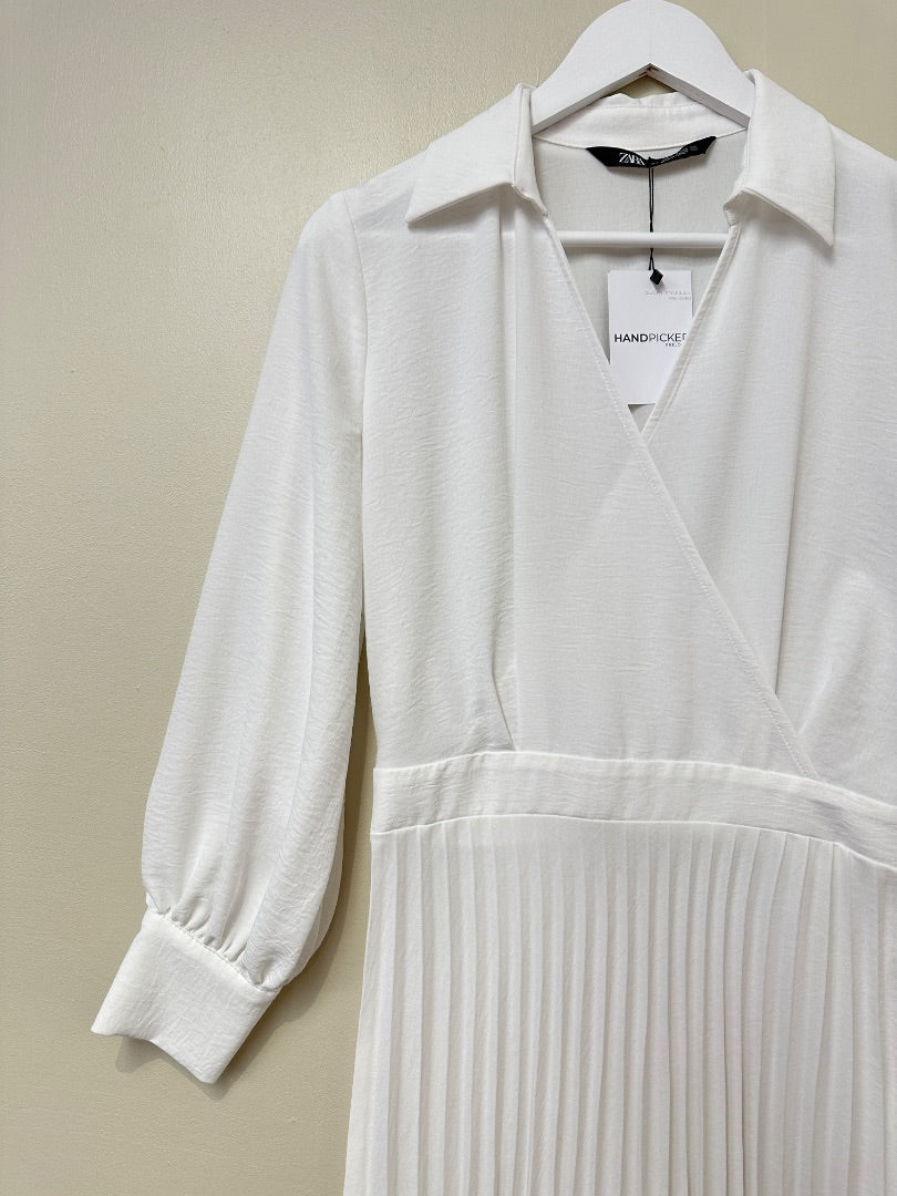 Zara White Pleated Midi Wrap Shirt Dress - Size S