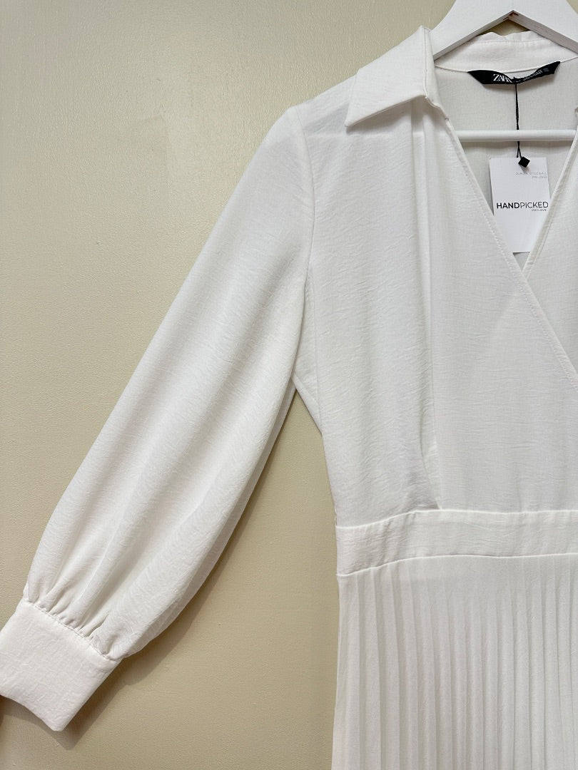 Zara White Pleated Midi Wrap Shirt Dress - Size S