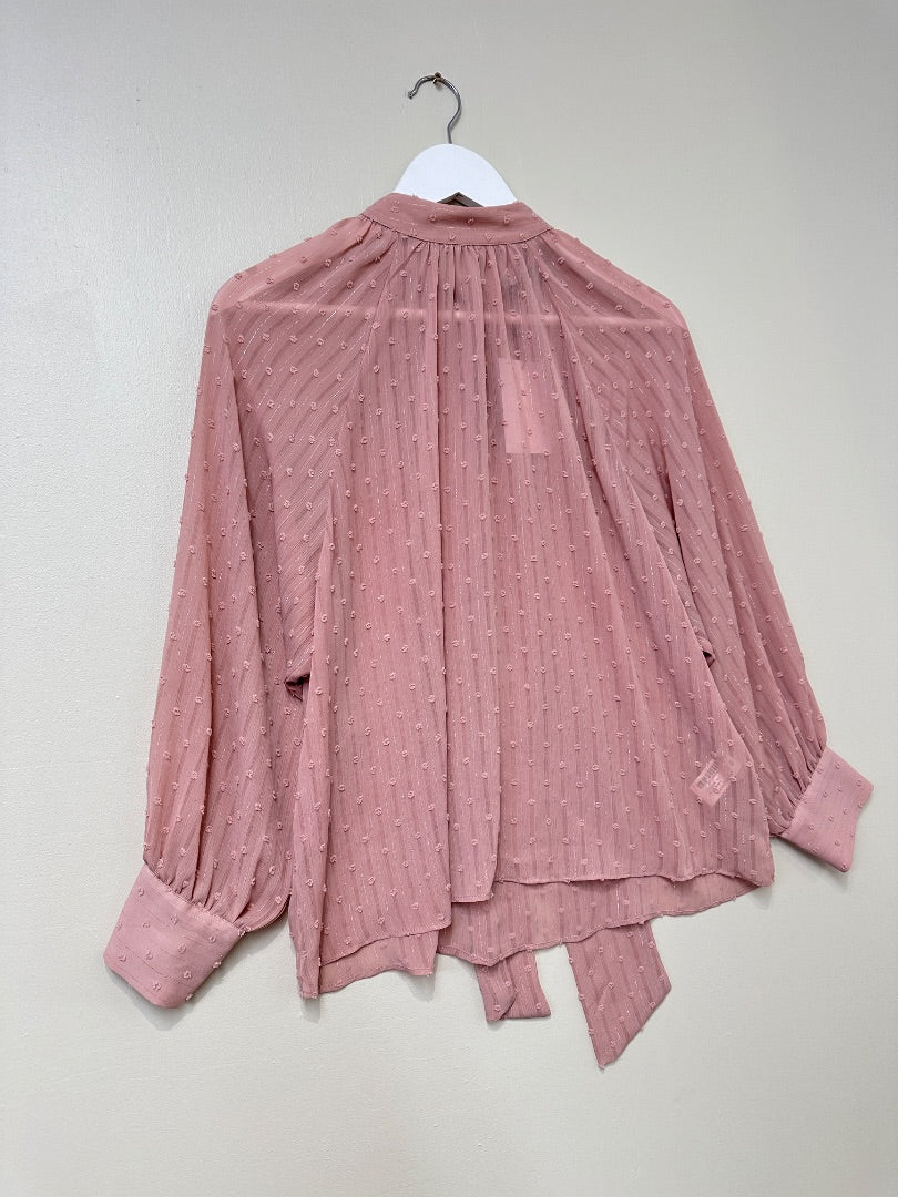 Zara Pale Pink Textured Tie Neck Blouse - Size XS