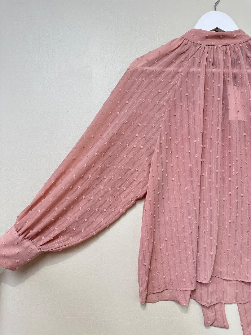 Zara Pale Pink Textured Tie Neck Blouse - Size XS