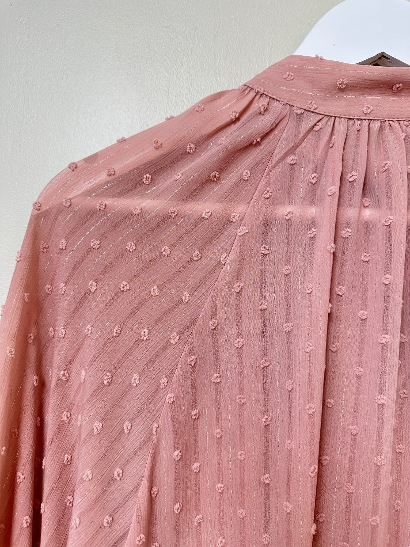 Zara Pale Pink Textured Tie Neck Blouse - Size XS
