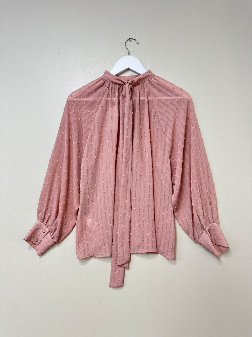 Zara Pale Pink Textured Tie Neck Blouse - Size XS