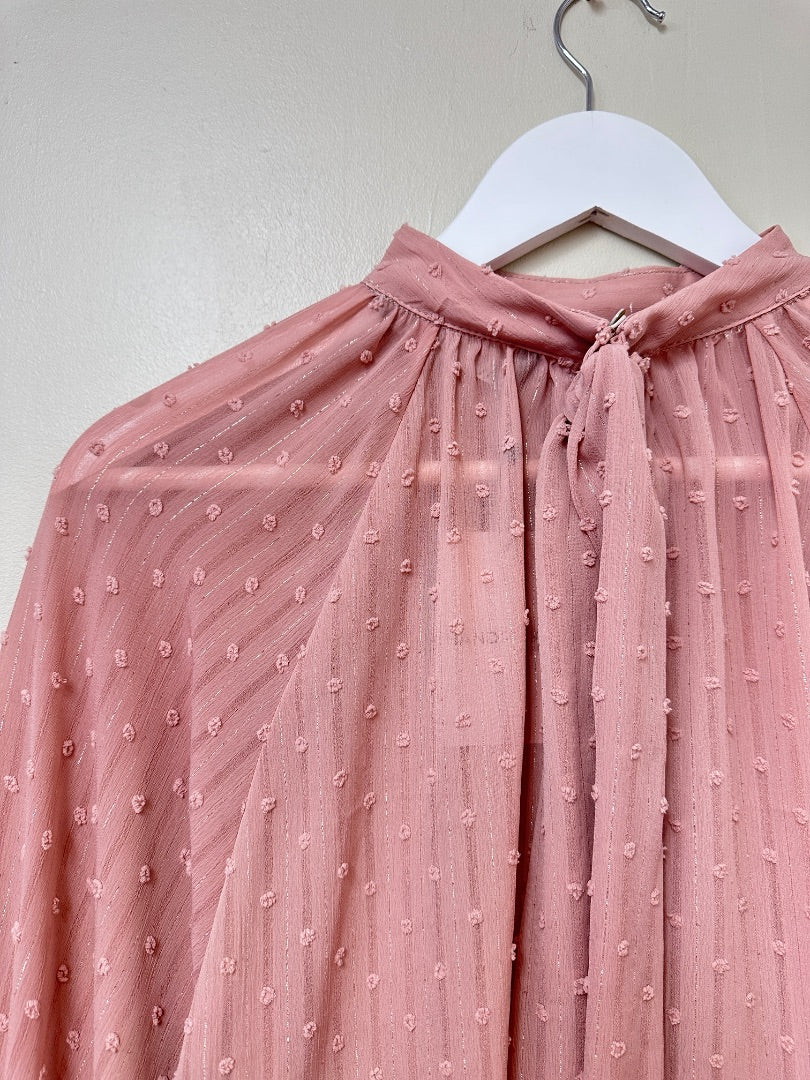 Zara Pale Pink Textured Tie Neck Blouse - Size XS