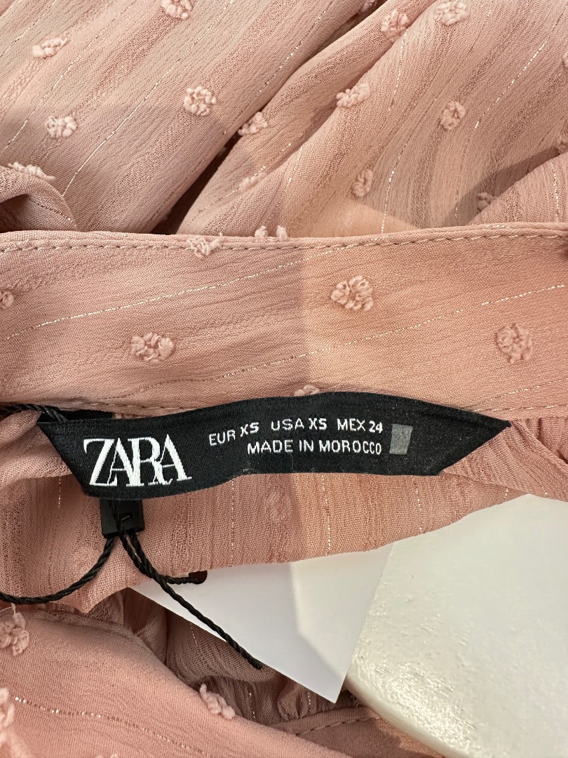 Zara Pale Pink Textured Tie Neck Blouse - Size XS