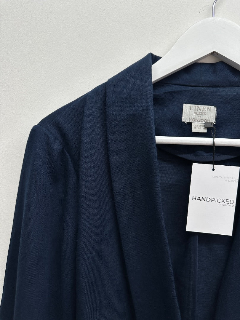 Monsoon Navy Blue Linen Blend Blazer - Size 14