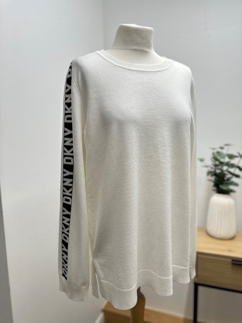 DKNY White Black Slogan Jumper - Size M