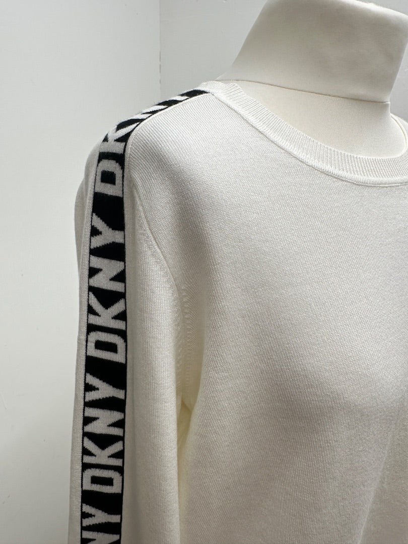 DKNY White Black Slogan Jumper - Size M