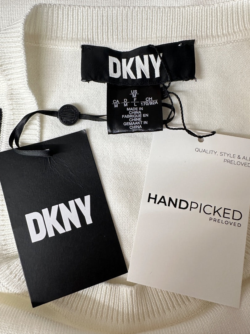 DKNY White Black Slogan Jumper - Size M
