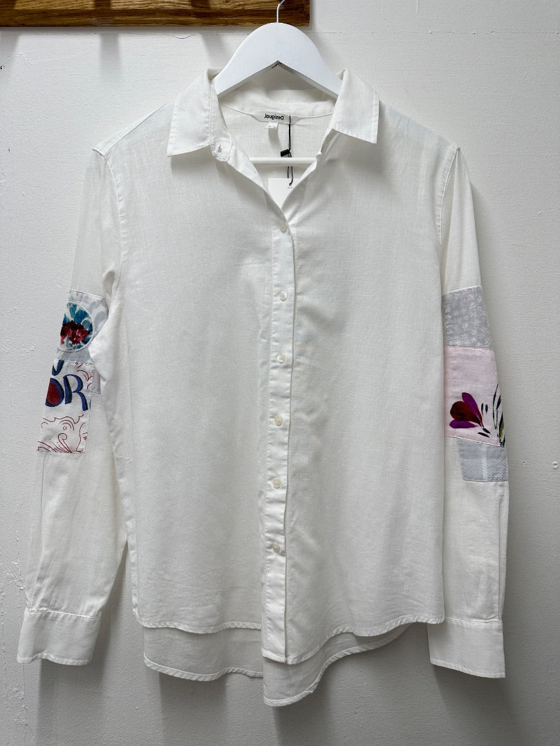 Desigual White Patterned Elbow Shirt - Size L