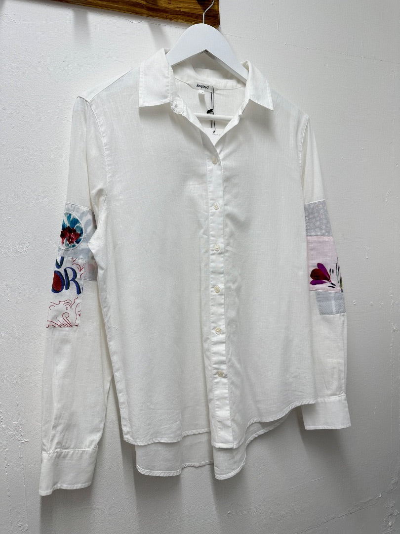 Desigual White Patterned Elbow Shirt - Size L