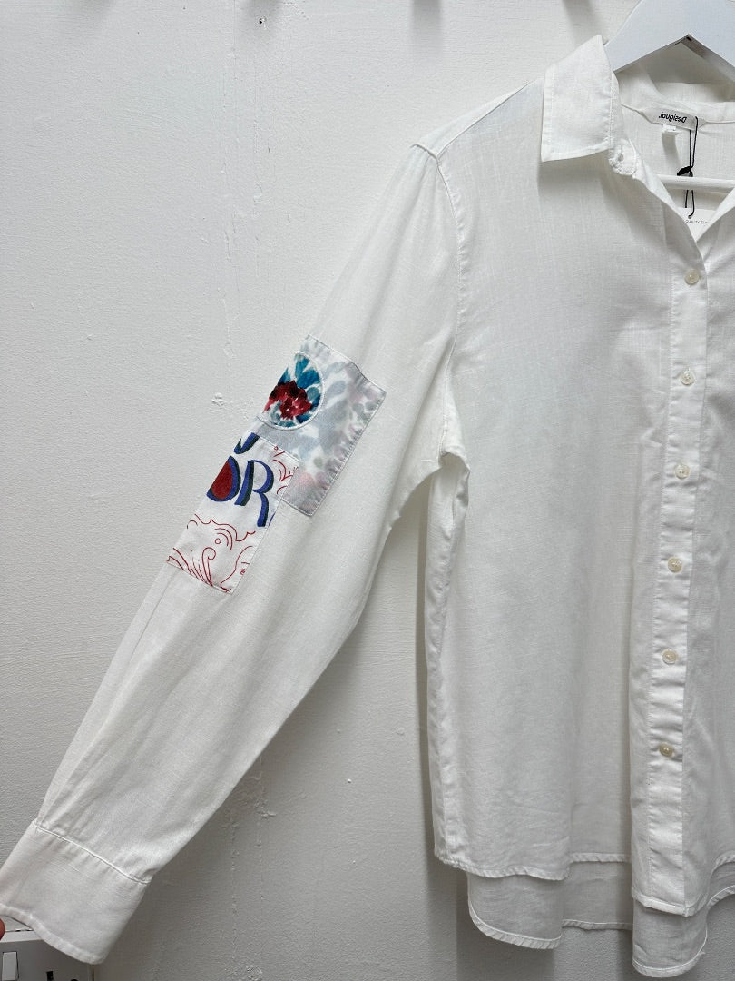Desigual White Patterned Elbow Shirt - Size L