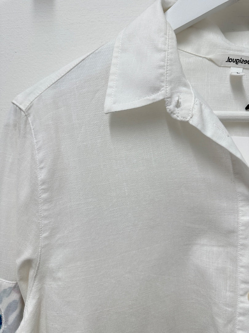 Desigual White Patterned Elbow Shirt - Size L