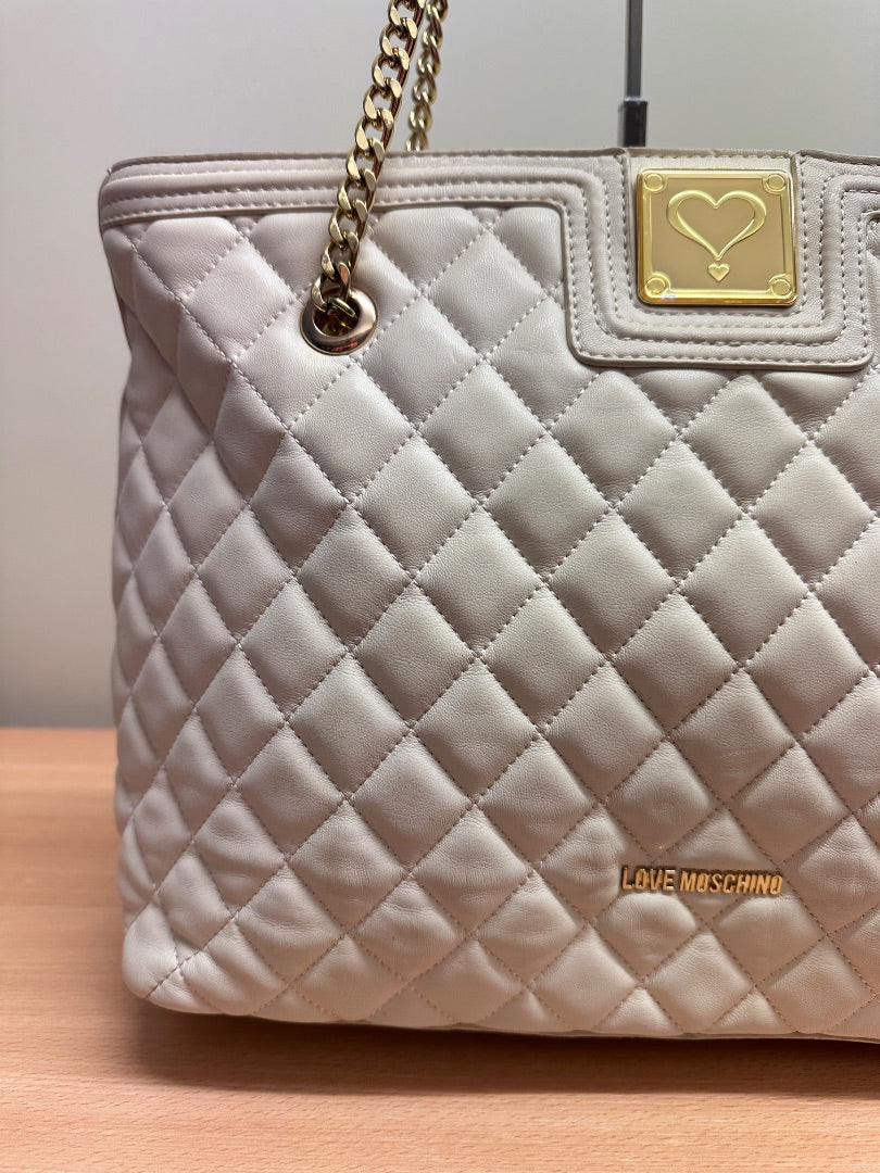 Love Moschino Cream Gold Quilted Large Shoulder Bag