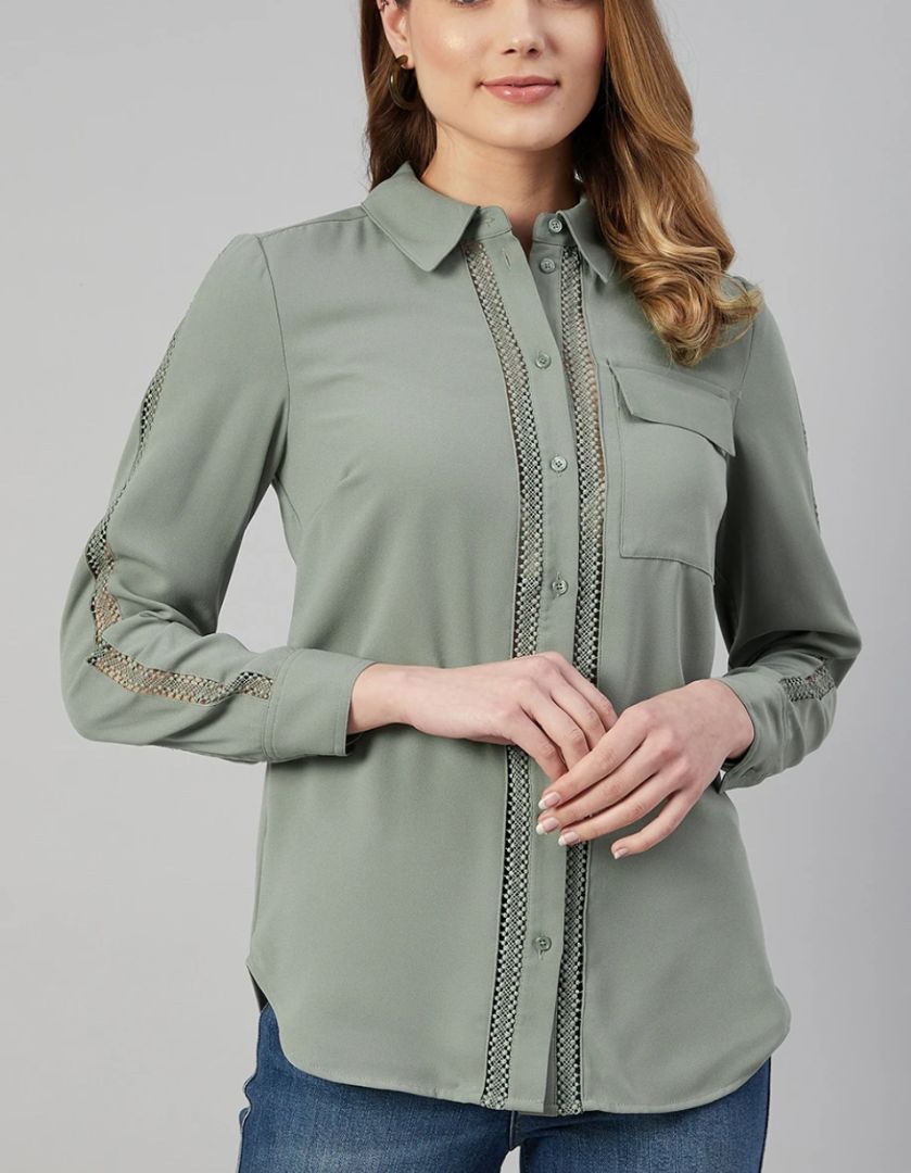 Marks & Spencer Green Lace Inlay Long Sleeve Boxy Blouse - Size 18